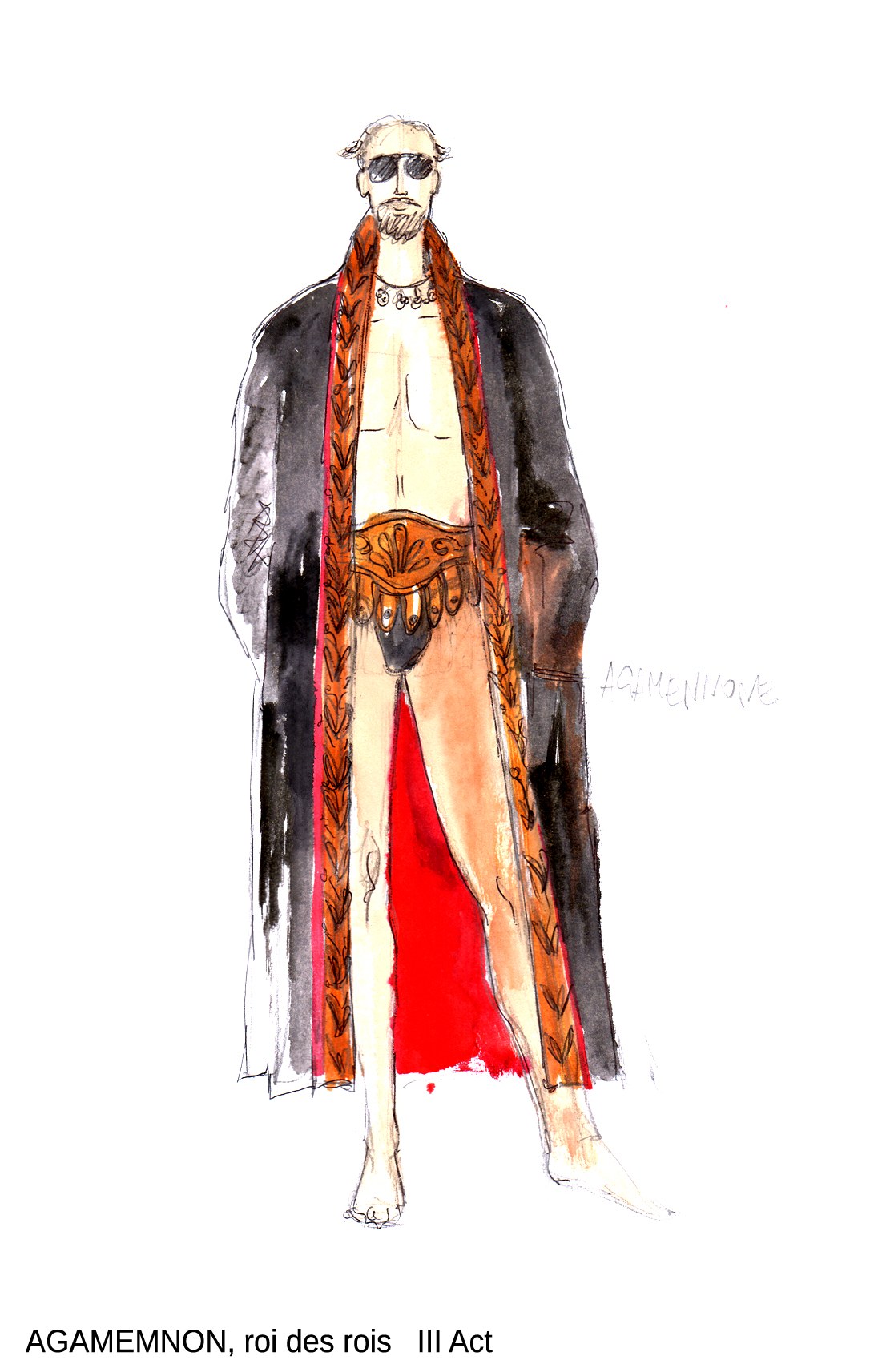 Figurino di Angela Buscemi — Agamemnon, roi des rois, Atto III, vestaglia damascata orientale, occhiali da sole, costume peplum-pop di Cinecittà