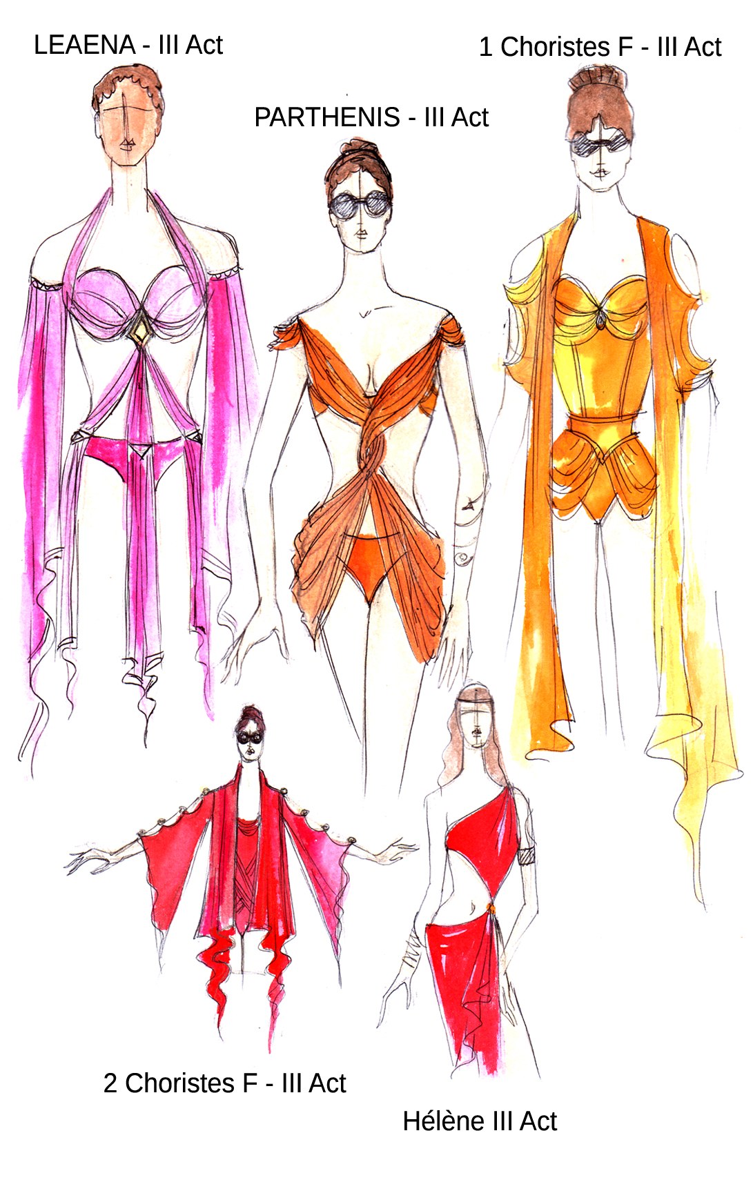 Figurino di Angela Buscemi — Costumi bagno Atto III, tavola di costumi balneari peplum-pop per la scena del bagno di Nauplie