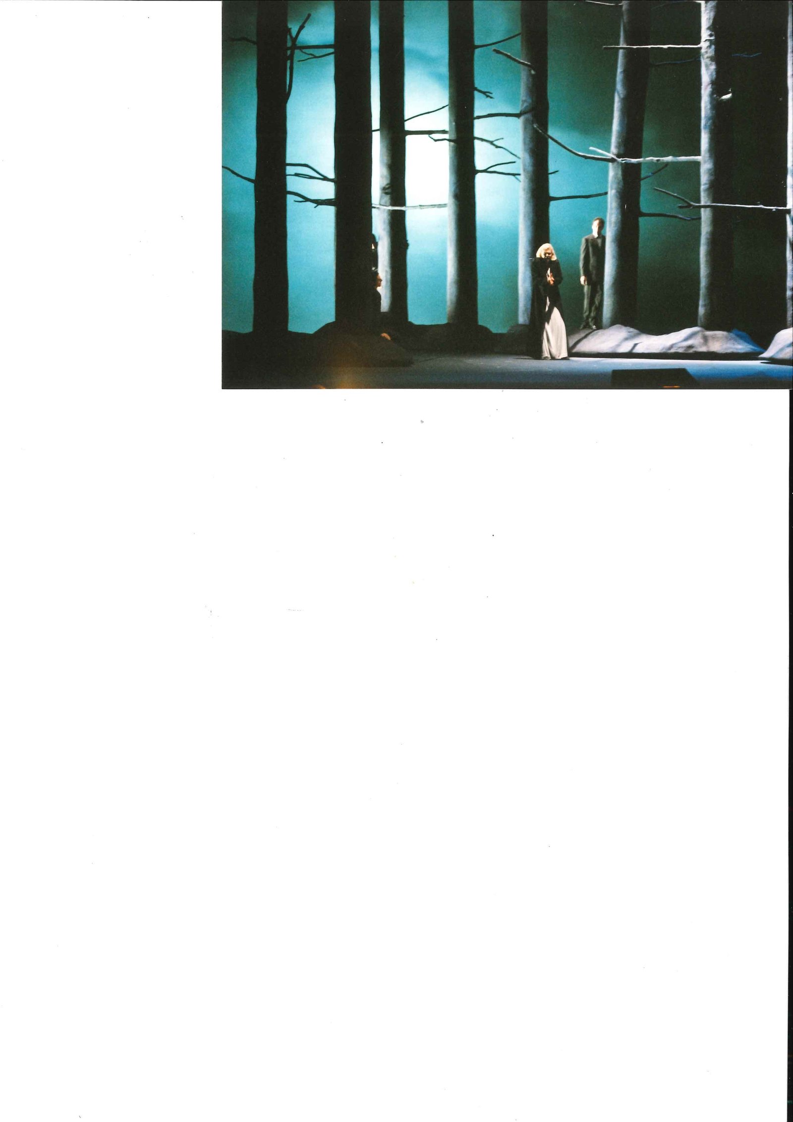 Erwartung - bosco notturno azzurro con due figure piccole tra i tronchi, scenografia Taraborrelli, Palermo 2000