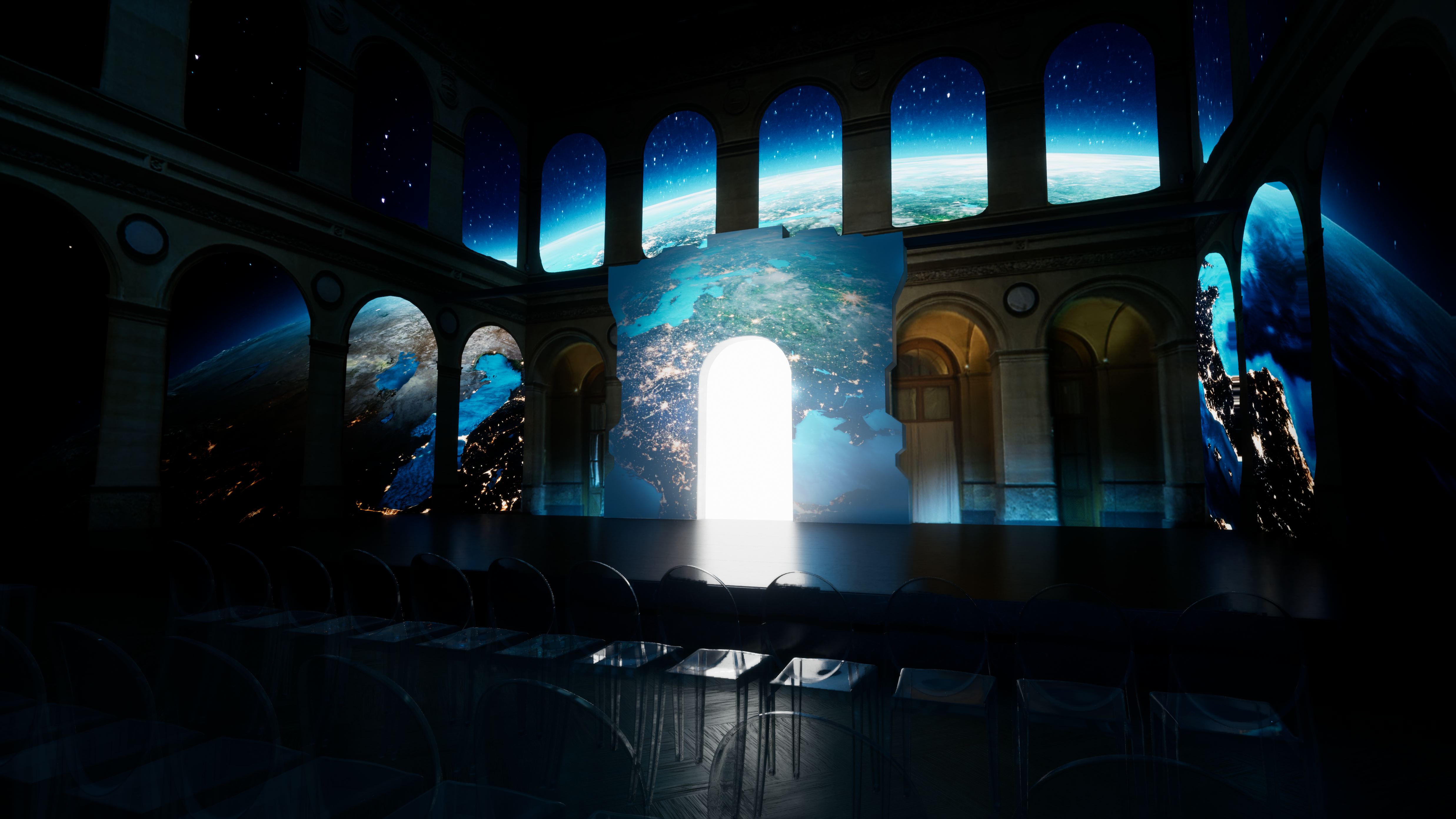 Expo 2030 Paris — render scenografico, proiezione Terra dallo spazio