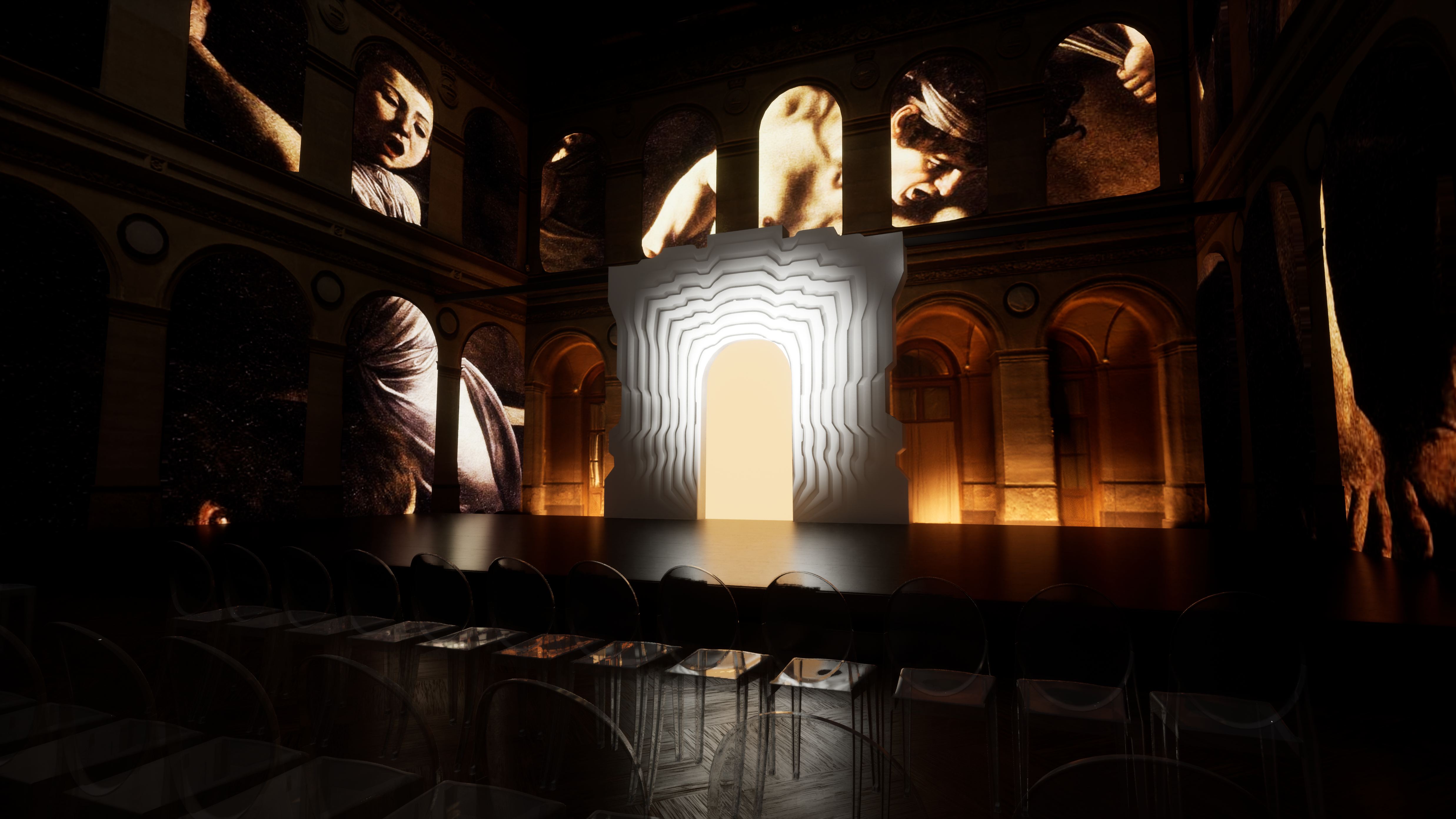 Expo 2030 Paris — render scenografico, proiezioni ispirate a Caravaggio