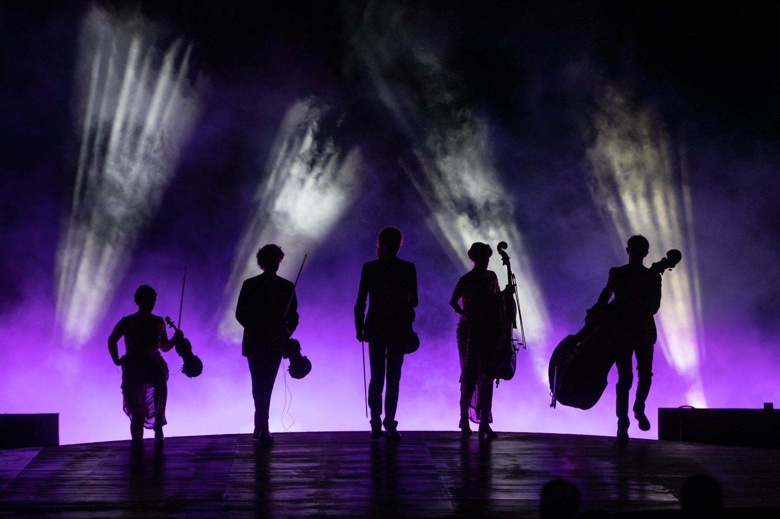 Dardust and the Sunset Strings Quintet silhouetted on stage