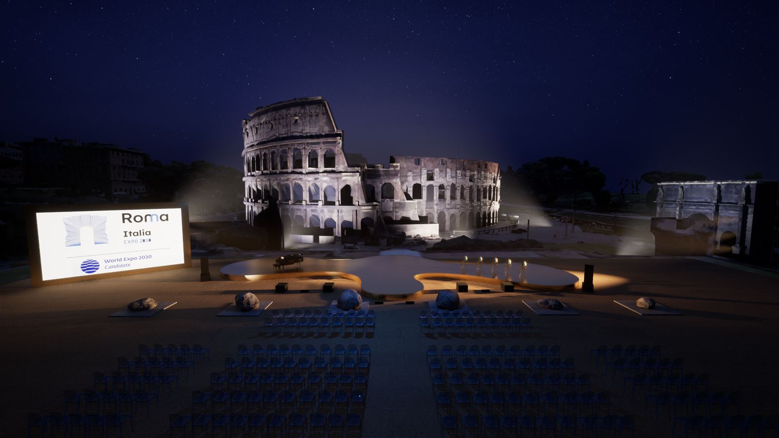 Set design rendering: front view of the stage at the Colosseum with LED screen and seating