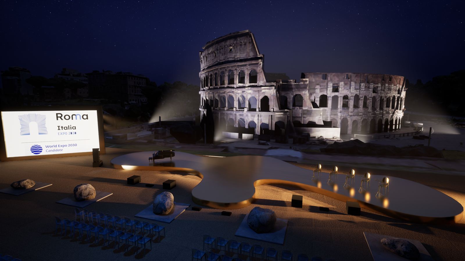 Set design rendering: lateral view of the golden stage with the Colosseum