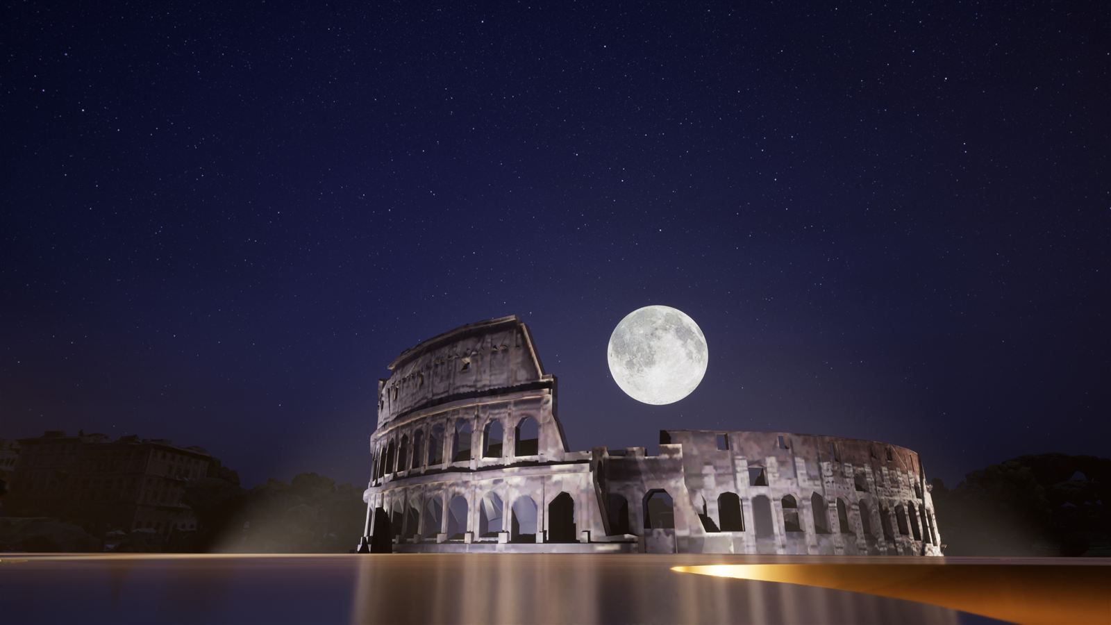 Set design rendering: frontal view of the Colosseum with full moon and golden reflective stage