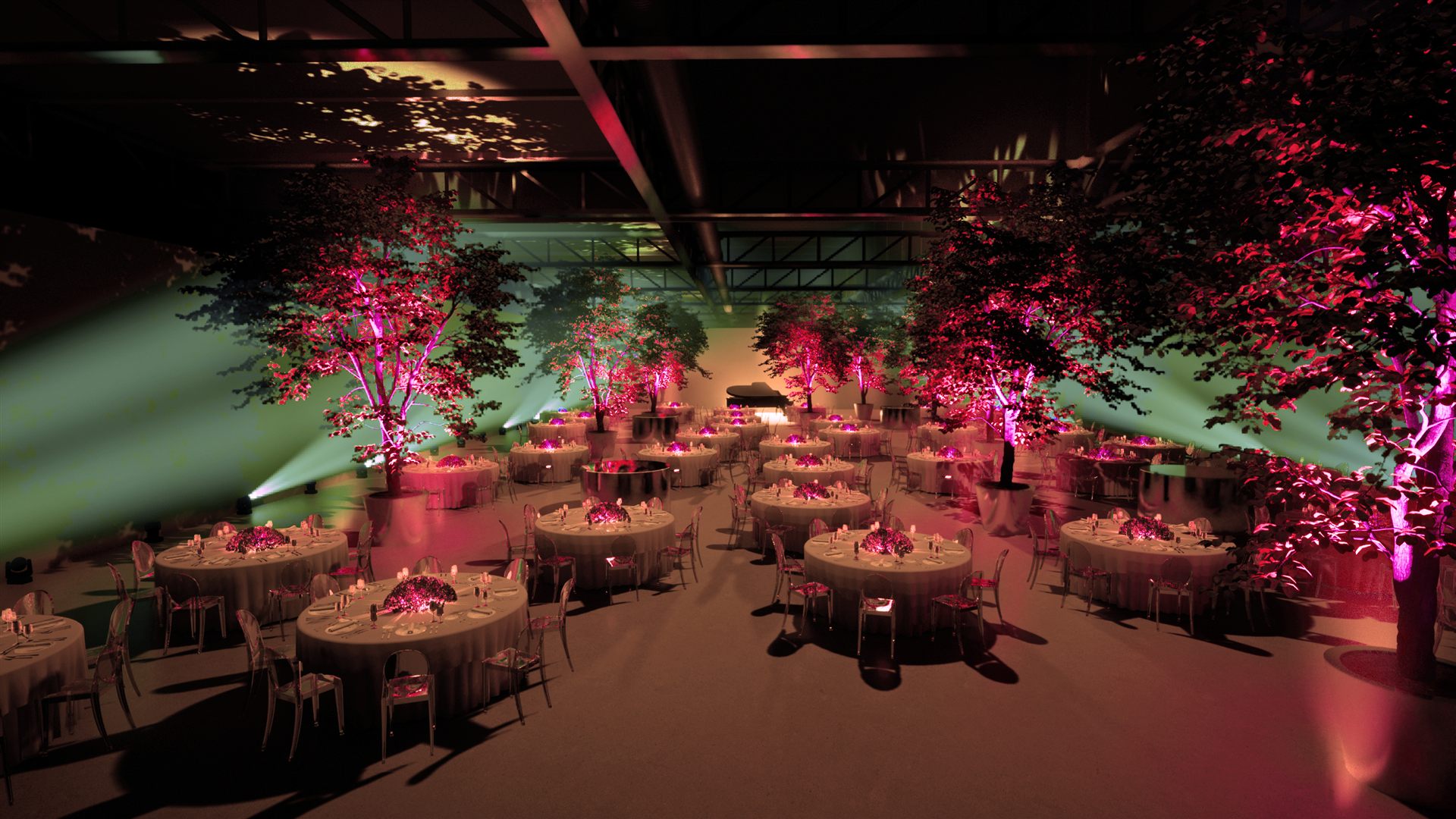 Iveco Connecting the Dots — render panoramico, foresta vivente con alberi rosa e pianoforte