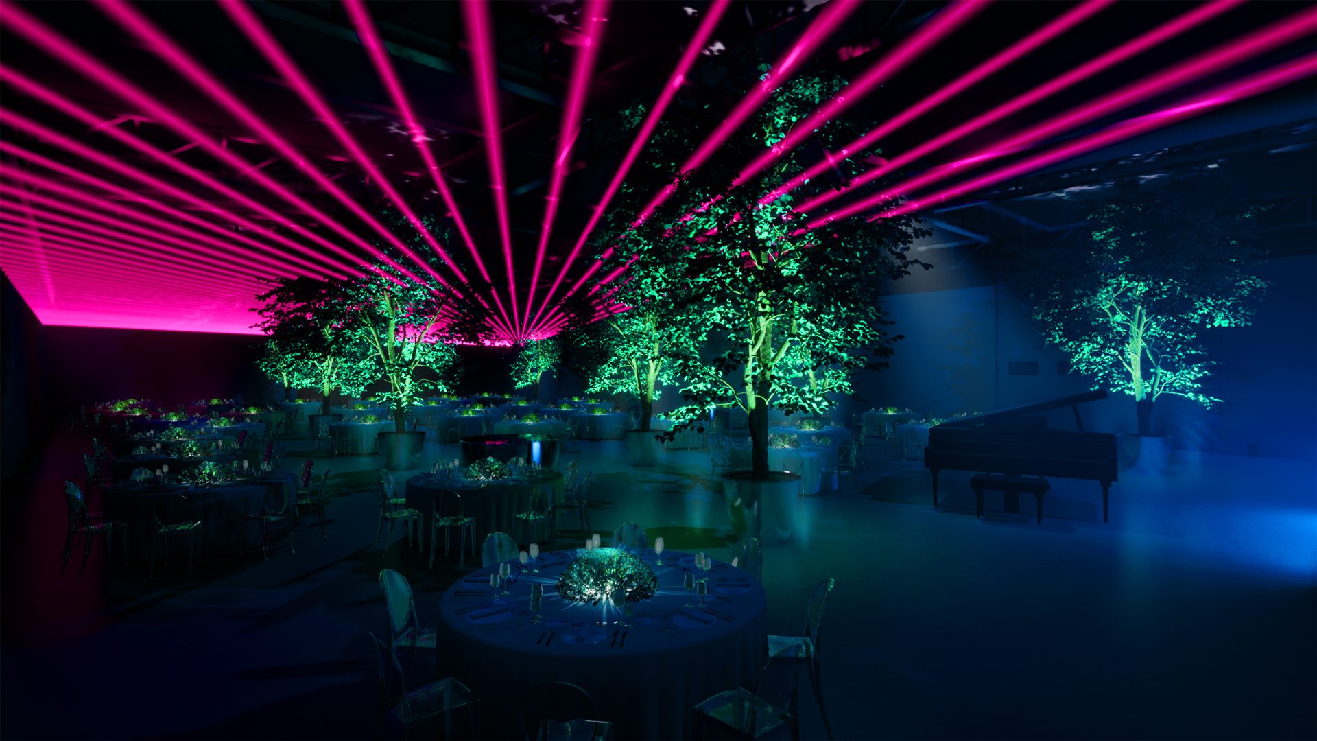 Iveco Connecting the Dots — render laser neon rosa sulle chiome degli alberi