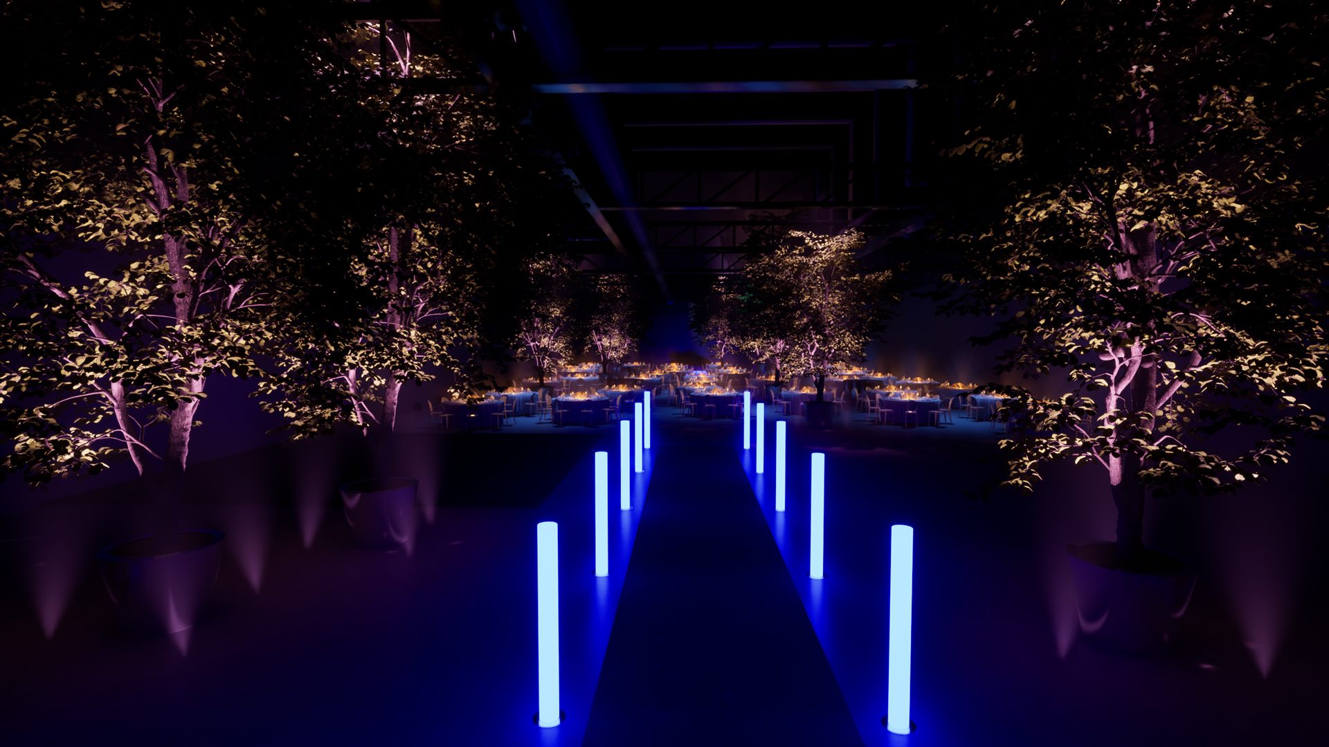 Iveco Connecting the Dots — render corridoio blu con colonne LED luminose