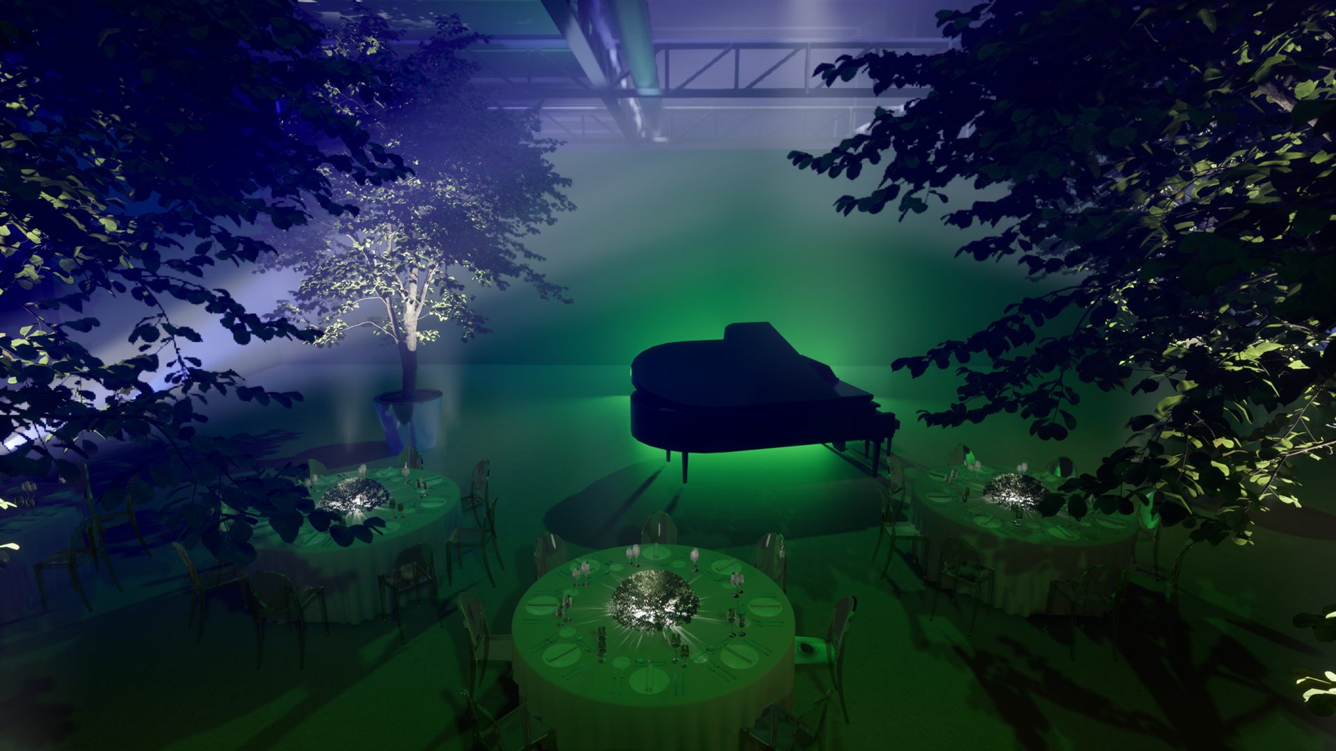 Iveco Connecting the Dots — render pianoforte a coda tra le chiome verdi con nebbia