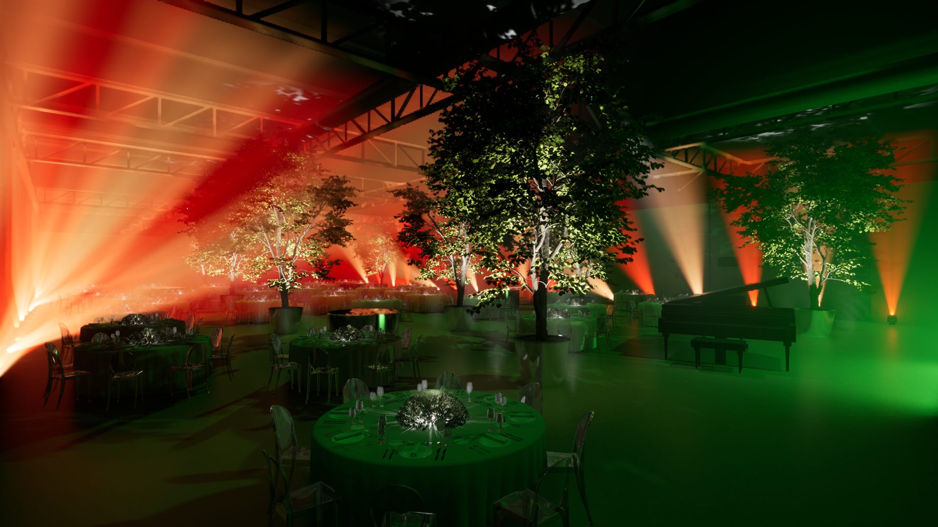 Iveco Connecting the Dots — render fasci rosso e arancio tra gli alberi