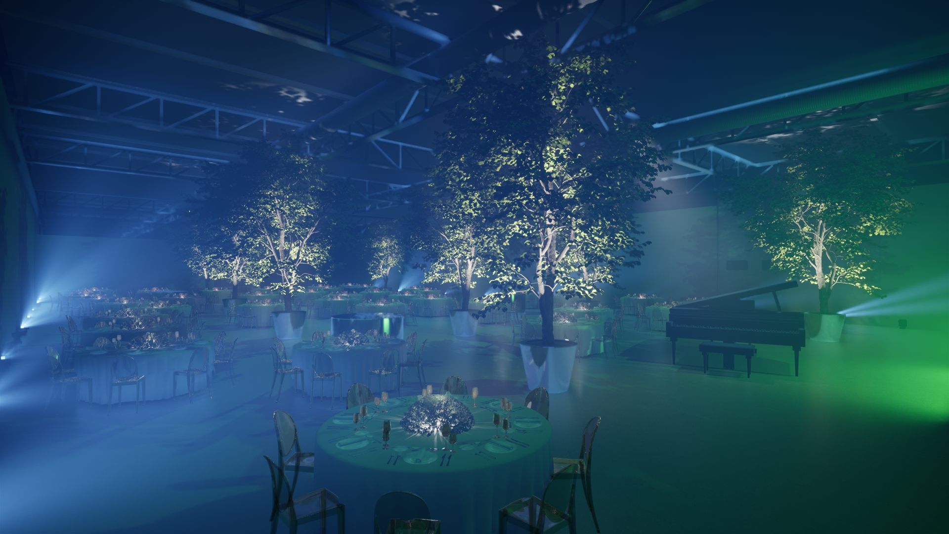 Iveco Connecting the Dots — render atmosfera blu e verde con nebbia e pianoforte