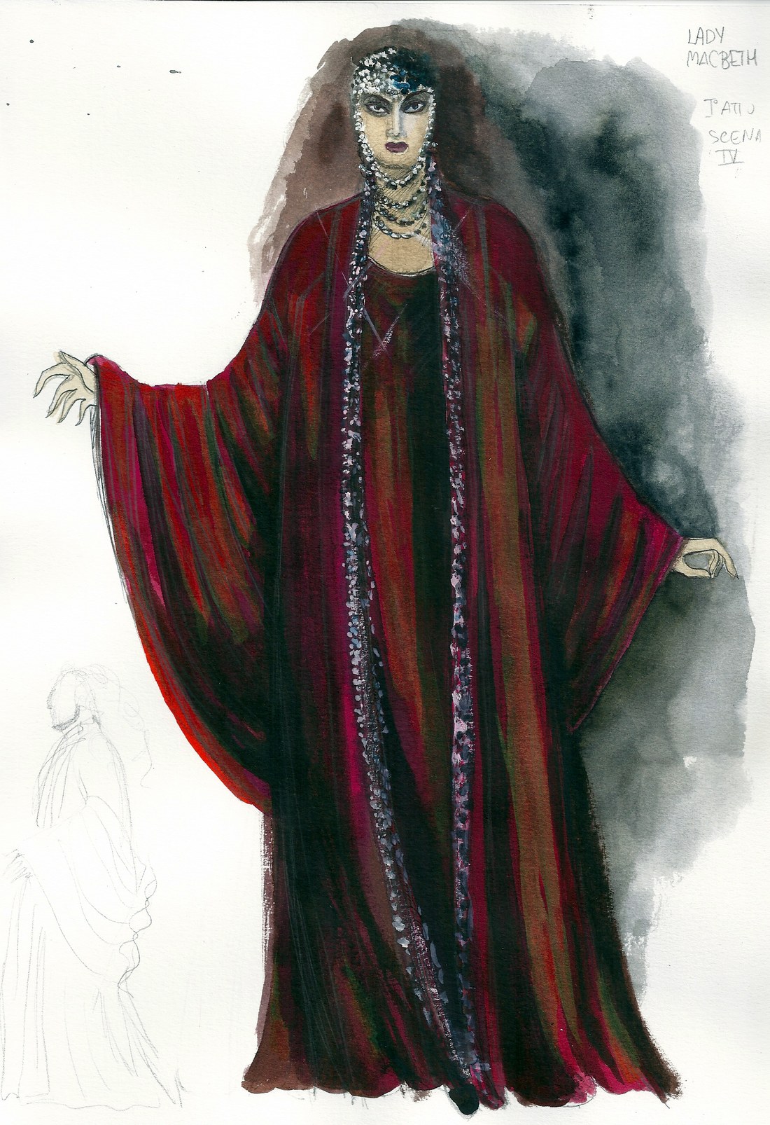 Figurino di Angela Buscemi &mdash; Lady Macbeth, Atto II Scena IV, abito-caftano da banchetto rosso vino e nero a strisce, copricapo gioiello