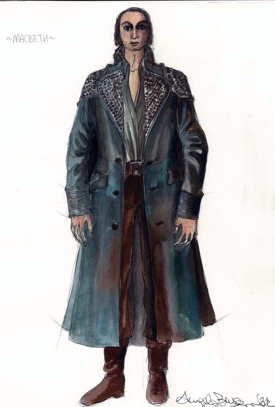 Figurino di Angela Buscemi (2012) &mdash; Macbeth, La Scala 2013. Cappotto militare verde-petrolio con borchie metalliche alle spalle, pantalone bordeaux, stivali