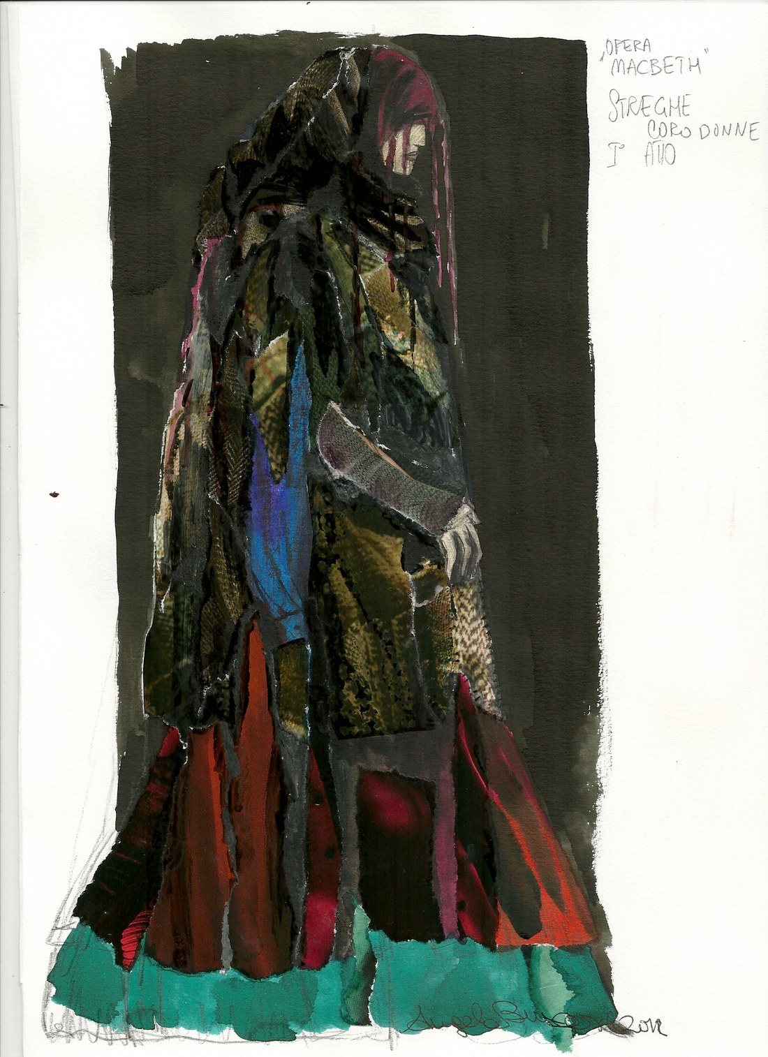 Figurino di Angela Buscemi &mdash; Streghe, Coro Donne Atto I, patchwork di stracci, materia, barbone novecentesco