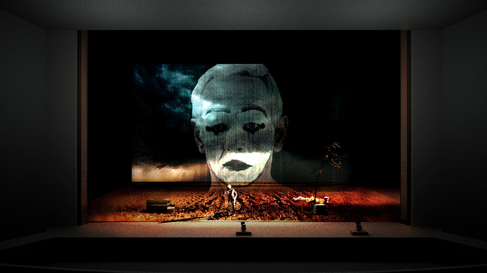 Pagliacci storyboard — Atto I, maschera gigante di Pagliaccio in primo piano AR