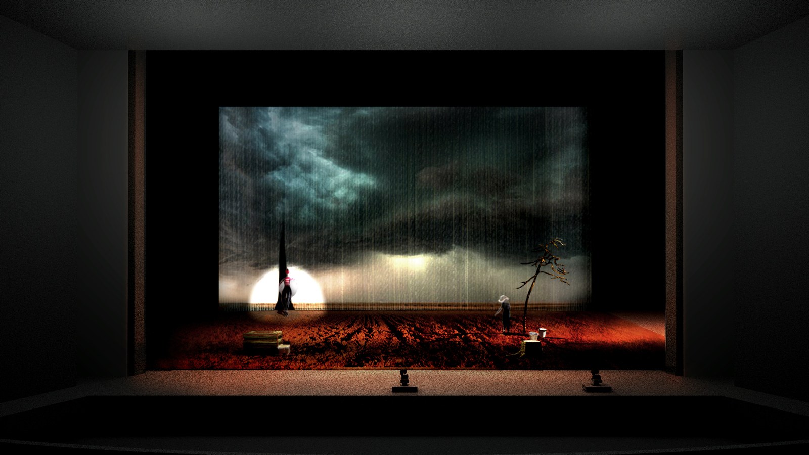 Pagliacci storyboard — Atto I, Nedda silhouette controluce sotto cielo tempestoso