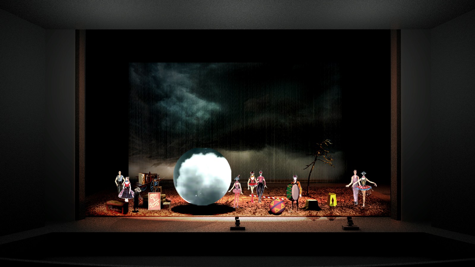 Pagliacci storyboard — Atto I, boule de neige sospesa al centro del palco