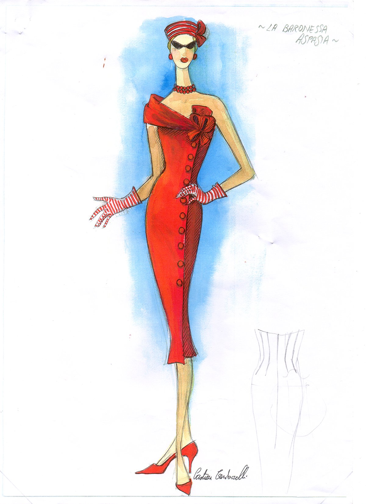 Figurino Aspasia di Angela Buscemi per La Pietra del Paragone, Rossini, Teatro Regio Parma 2006 / Châtelet 2007, abito rosso anni Sessanta stile Jackie Kennedy