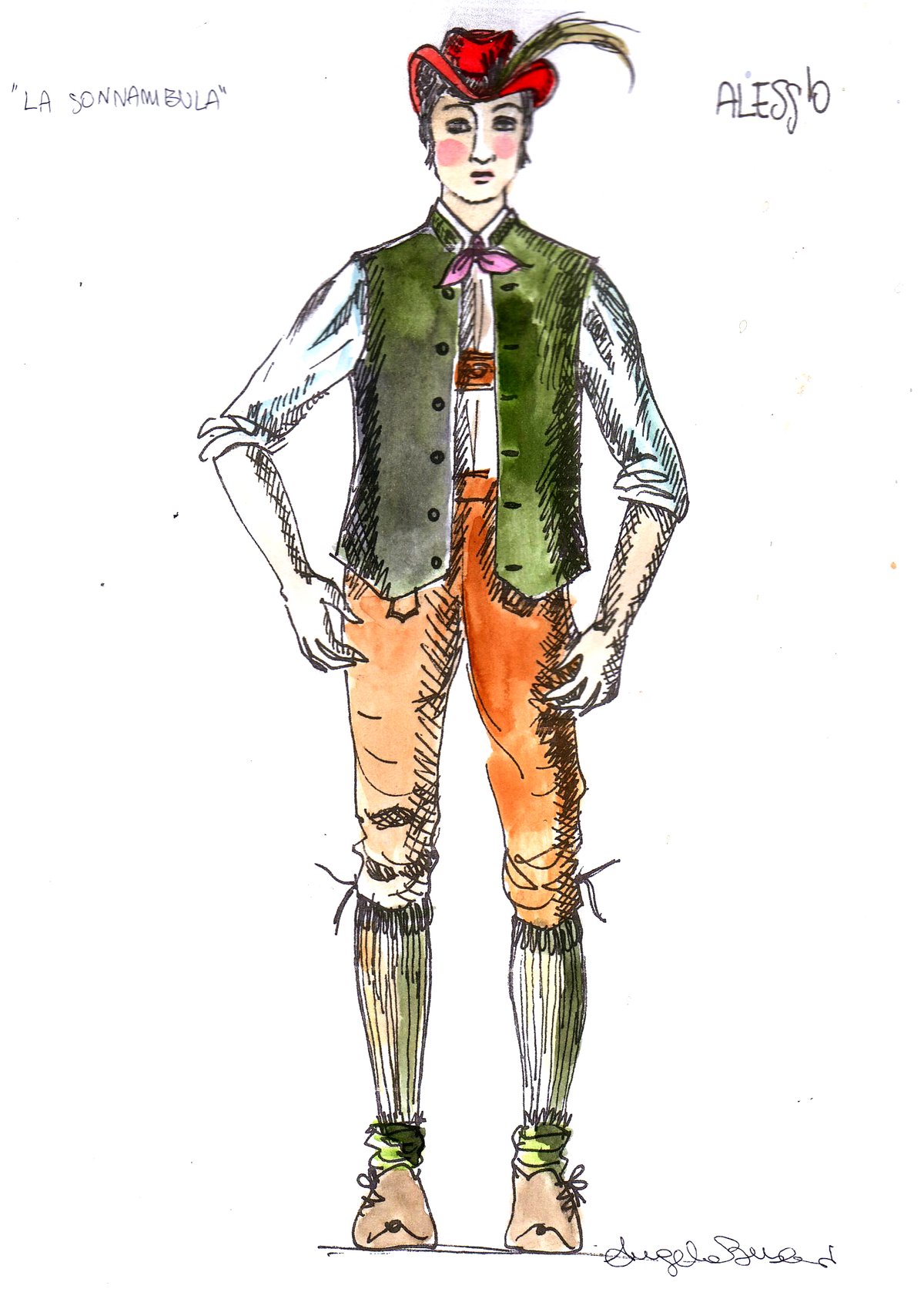 Alessio &mdash; figurino di Angela Buscemi, panciotto verde e cappello piumato, contadino del villaggio, Ancona 2019