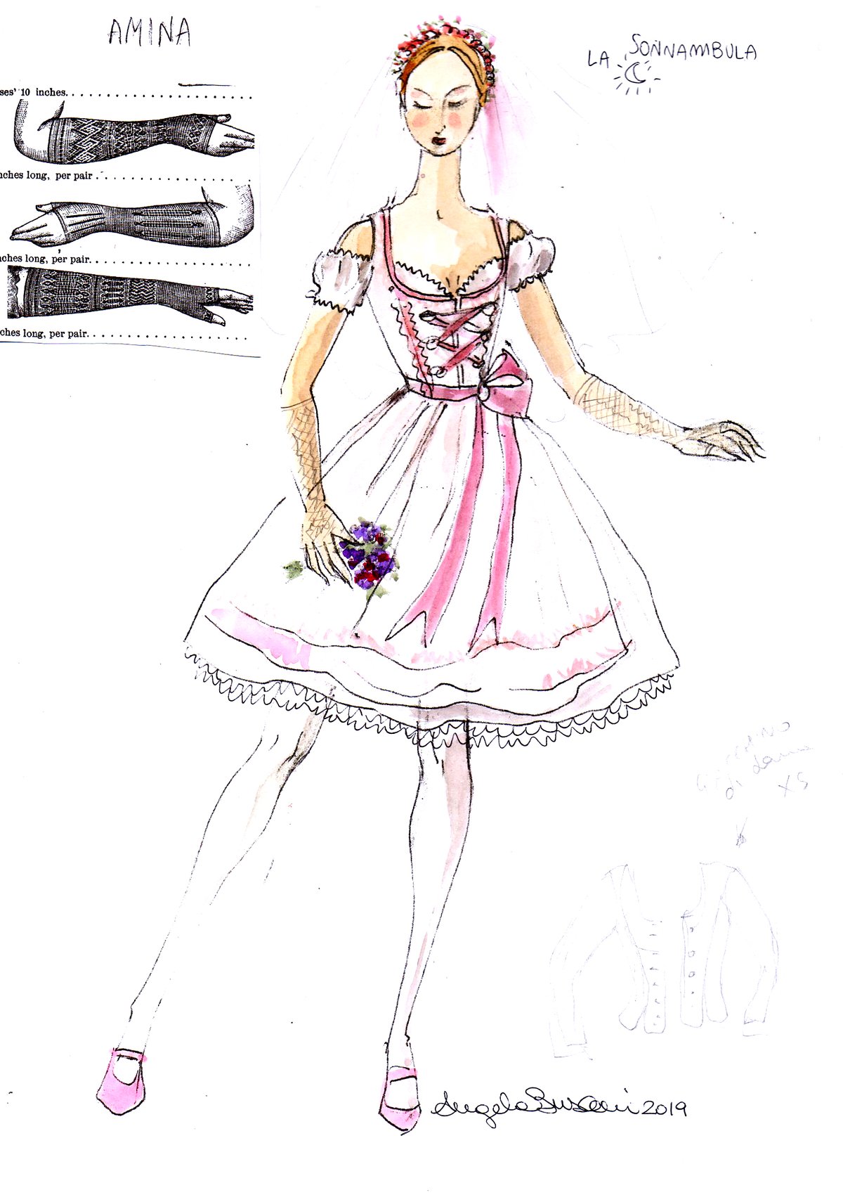 Amina &mdash; figurino di Angela Buscemi per La Sonnambula, regia Cristian Taraborrelli, Ancona 2019, abito da sposa con velo e mezzi guanti di pizzo