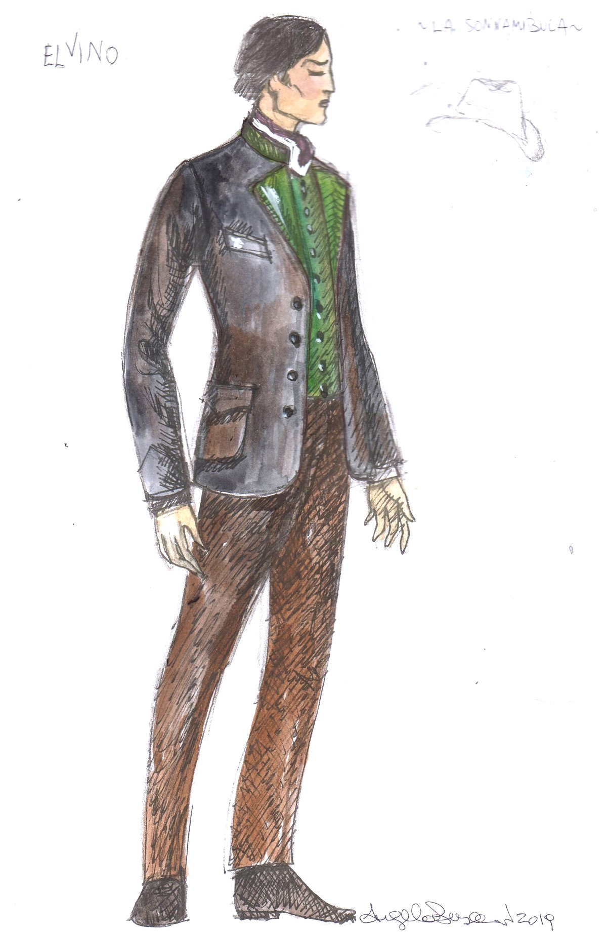 Elvino &mdash; figurino di Angela Buscemi, giacca scura e gilet verde, fidanzato di Amina, Ancona 2019