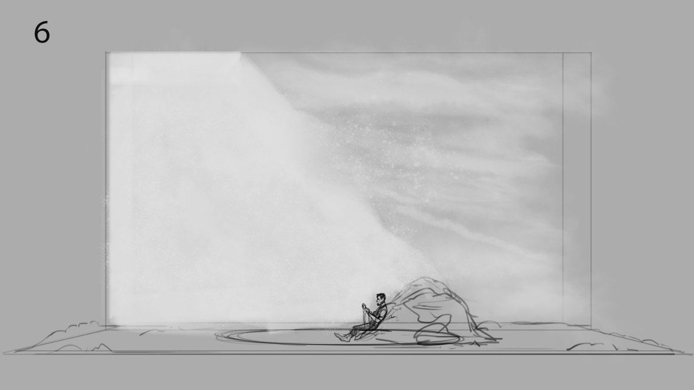 Storyboard Sonnambula Ancona &mdash; scena 6, l'impianto con la grande proiezione verticale e Amina seduta sotto il cono di neve, schizzo di Cristian Taraborrelli 2019