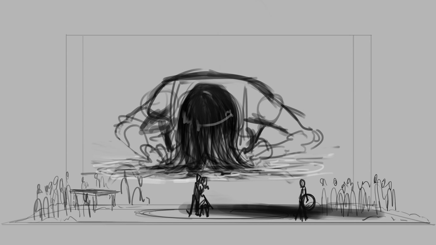 Storyboard Sonnambula Ancona &mdash; Amina come figura sospesa con i capelli che ricoprono il villaggio del coro, schizzo di Cristian Taraborrelli 2019